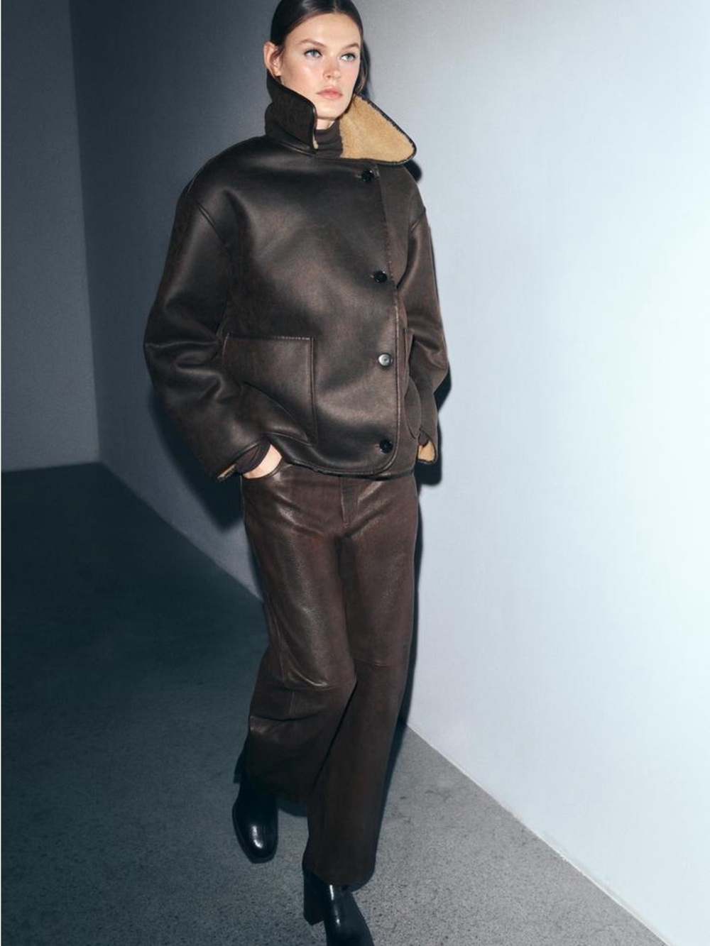 Zara Dark Brown Faux Leather Jacket with Beige Shearling Collar - Picture 5 of 8